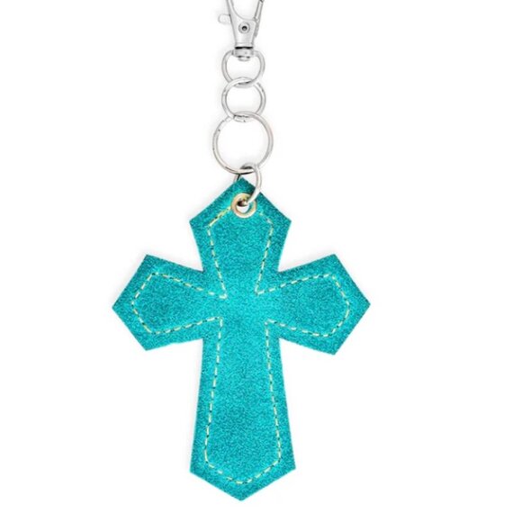 Myra Bag Leather & Hair-On Medallion Cross Hide Key Fob In Turquoise - New - Picture 7 of 7